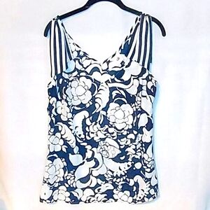CAbi Shoulder Tie Blouse #5731 Navy strip and florals EUC! SZ S